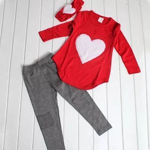 3pc Valentine Red Heart Top Headband Legging Set